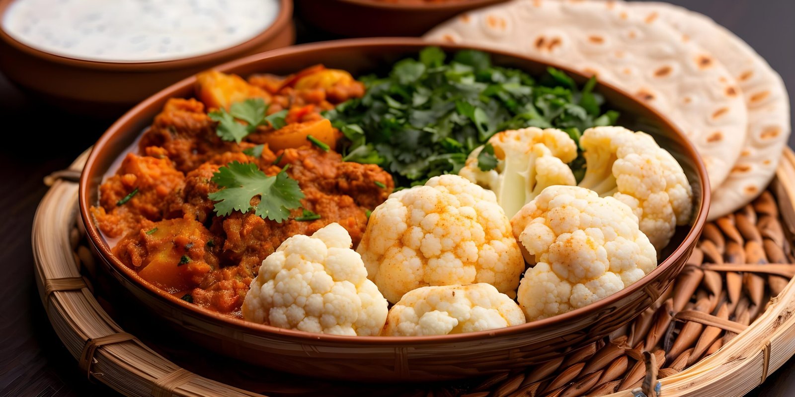 aerial shot aloo gobi with spiced potatoes cauliflower roti coriander concept food photography indian cuisine aloo gobi spiced potatoes cauliflower roti coriander garnish