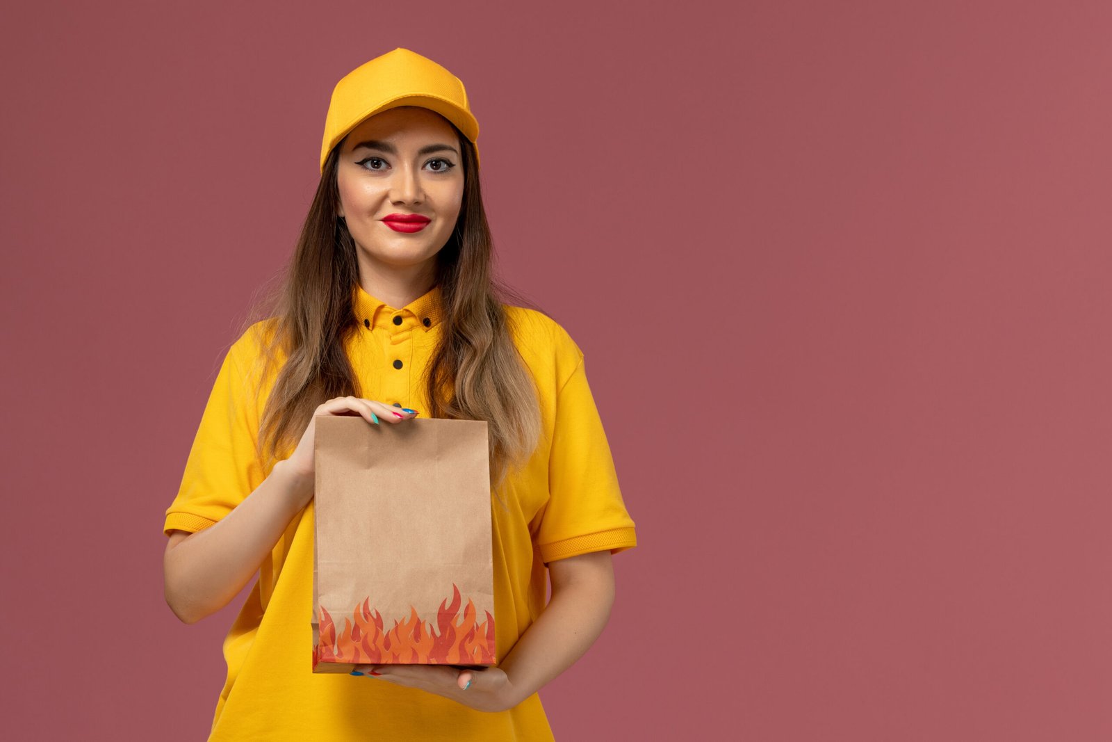 front view female courier yellow uniform cap holding food package smiling light pink wall