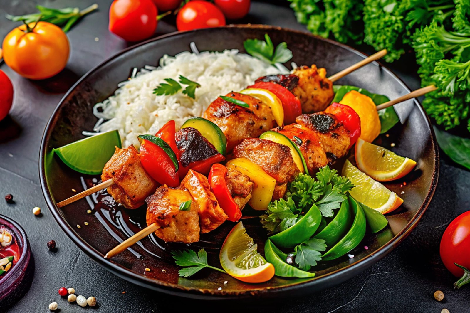 grilled chicken skewers rice with fresh vegetables