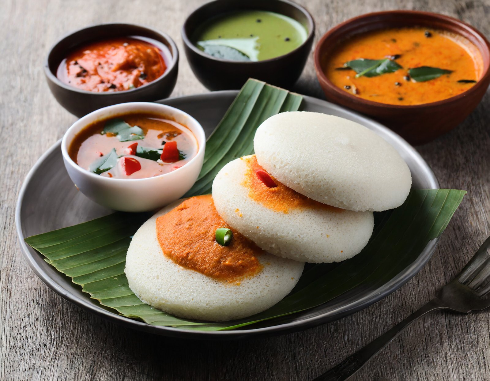 idly sambar or idli with sambhar and green, red chutney. popular