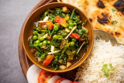 palak matar curry also known as spinach geen peas masala sabzi or sabji, indian food